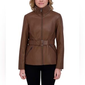 Kenneth Cole Women's Belted Faux Leather Jacket Convertible Collar Two ZipPocket